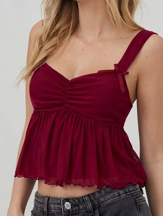 SHEIN Tops - Easelle Red Mesh Ruffle Trim Babydoll Camisole Tank Top
